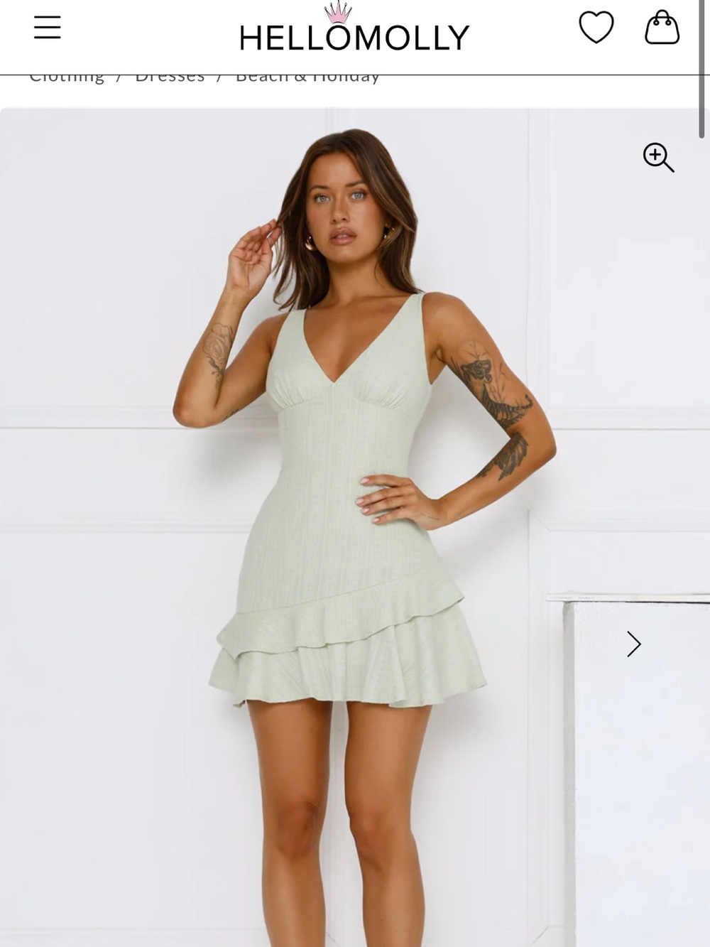Hello Molly Light Sage V-Neck Ribbed Ruffle Mini Dress